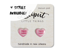 Load image into Gallery viewer, Conversation Heart Earrings // Valentines Day: Purple