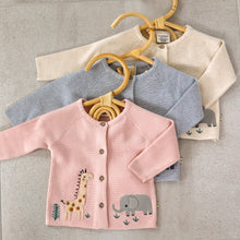 Load image into Gallery viewer, Viverano Organics - Animal Safari Embroidered Baby Cardigan Sweater (Organic): Natural / 6-12m