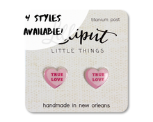 Load image into Gallery viewer, Conversation Heart Earrings // Valentines Day: Purple
