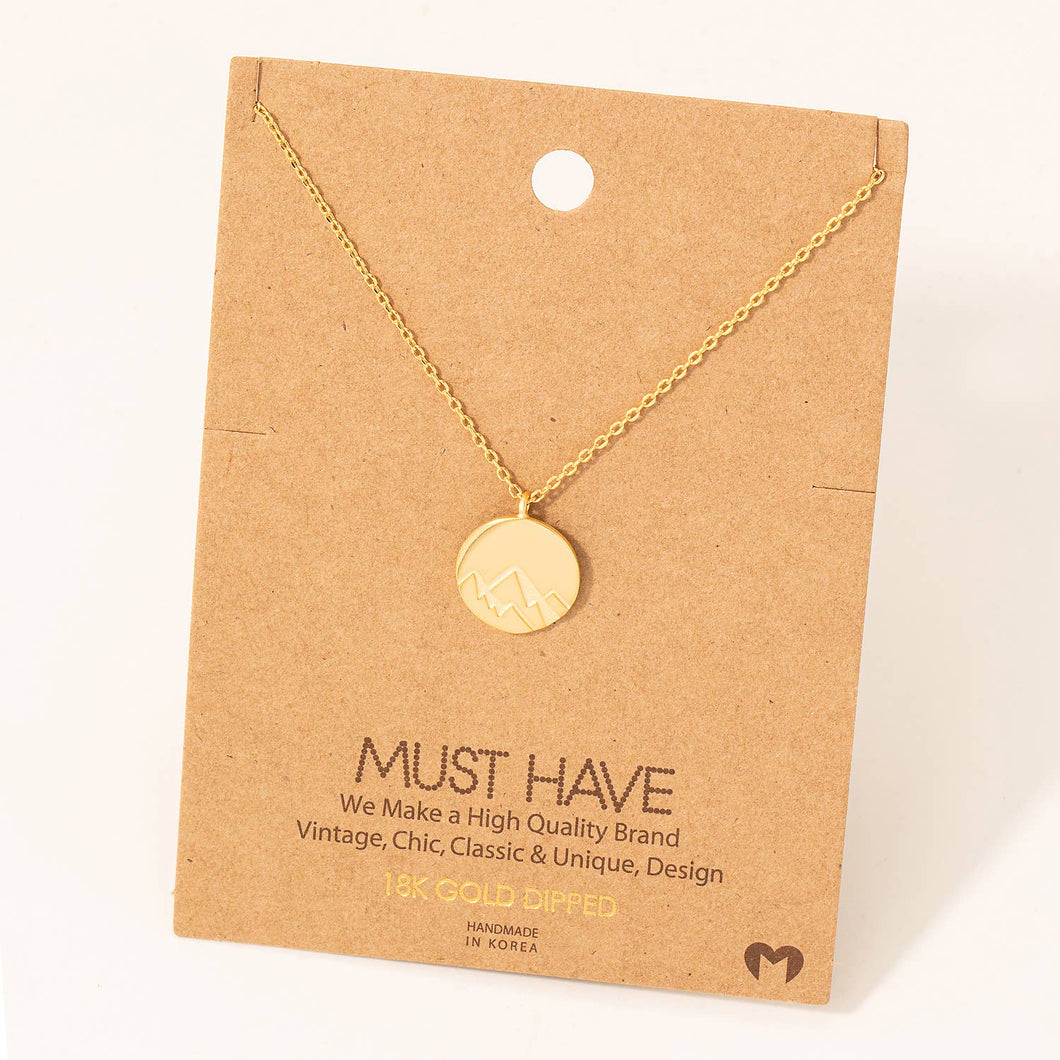 Etched Mountain Coin Pendant Necklace: Gold