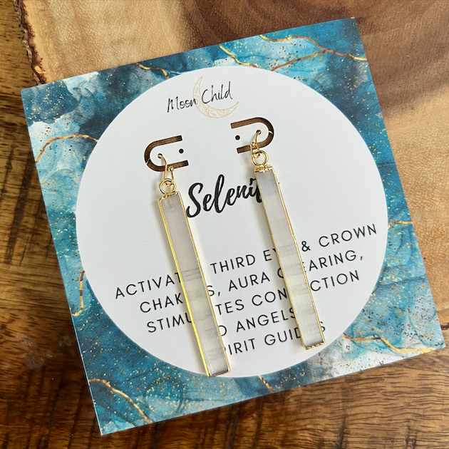 Moon Child - Selenite Long Gold Earrings ~ 
