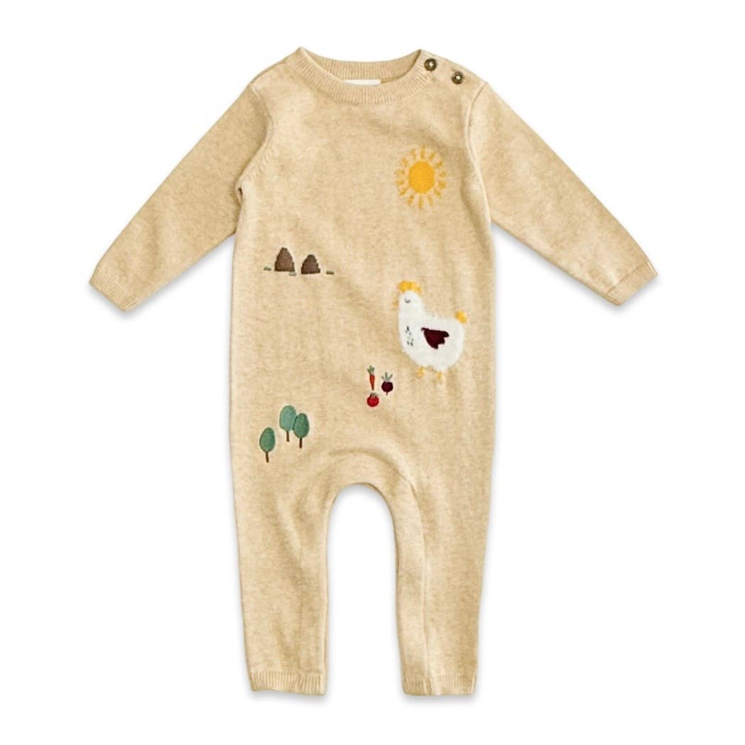 Viverano Organics - Chicken Farm Jacquard Knit Baby Jumpsuit (Organic Cotton): Oat Heather / 3-6M