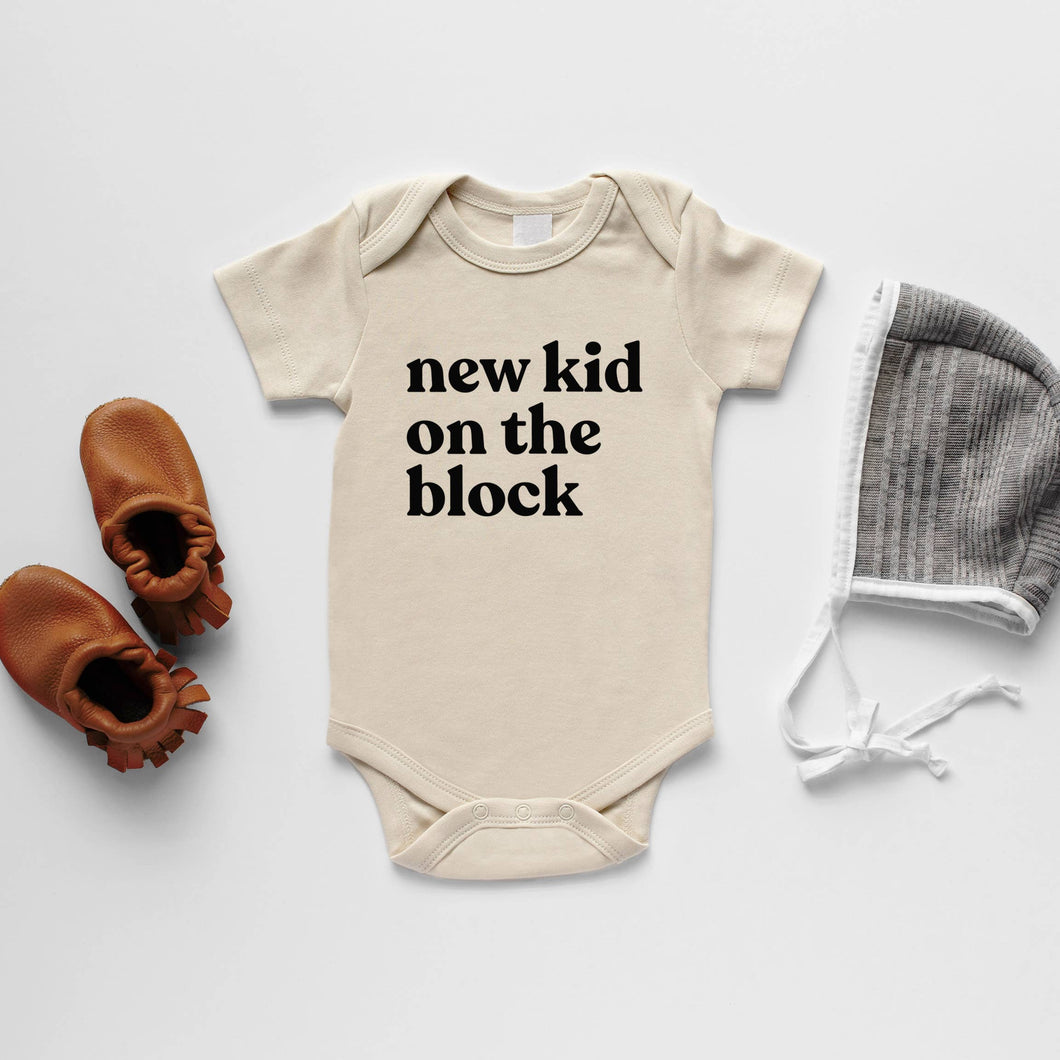 Cream New Kid on the Block Organic Baby Bodysuit: 0-3 Months / Short Sleeve