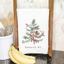 Load image into Gallery viewer, Indigo Tangerine - Holiday Tree and Berries - Custom Cotton Tea Towel: 27&quot; square (no loop)
