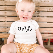 Load image into Gallery viewer, Wildflowers + Cotton - One | Birthday | 100% Cotton Baby Bodysuit or Tee: Caps / 12m onesie
