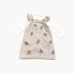 Floral Embroidered Tunic Baby Knit Dress Set (Organic):  Stone