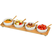 Load image into Gallery viewer, Bamboo Serving Platter With 4 Ceramic Bowls And Bamboo Spoons
