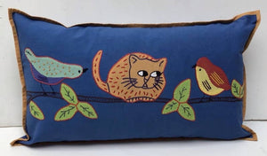 Pillow Applique/Embo 12x20 Cat and Birds Blue